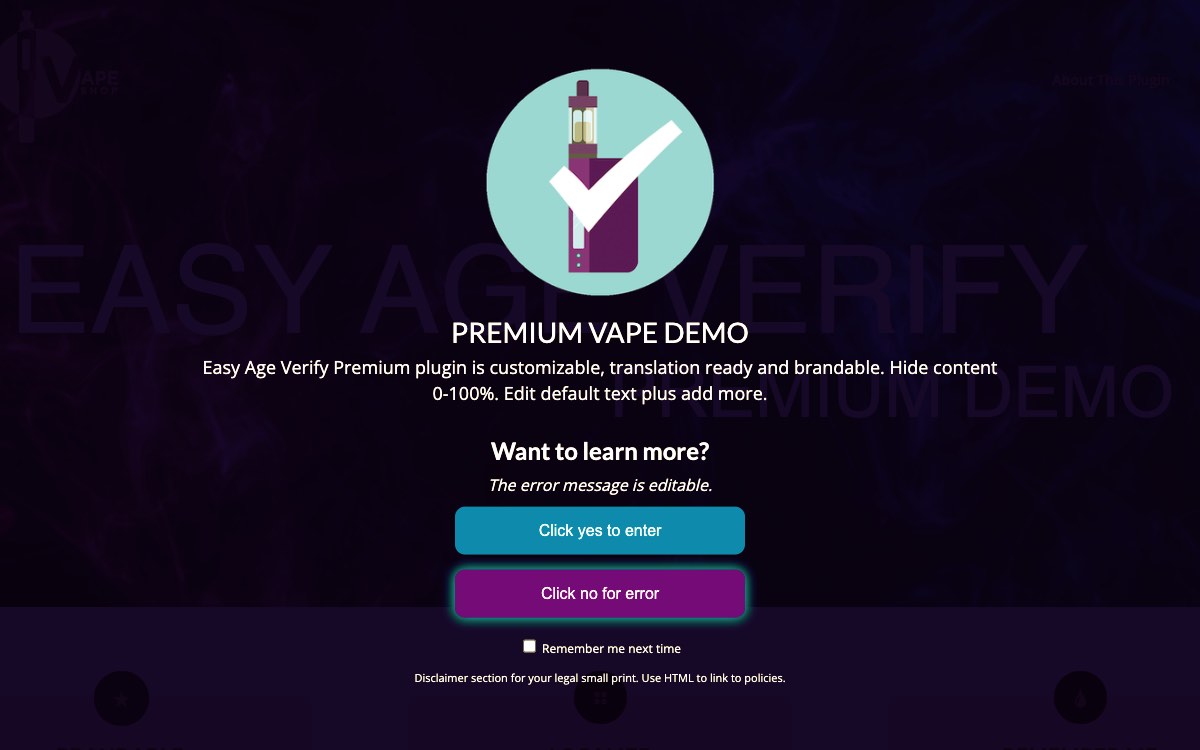 Screenshot Easy Age Verify Premium Vape