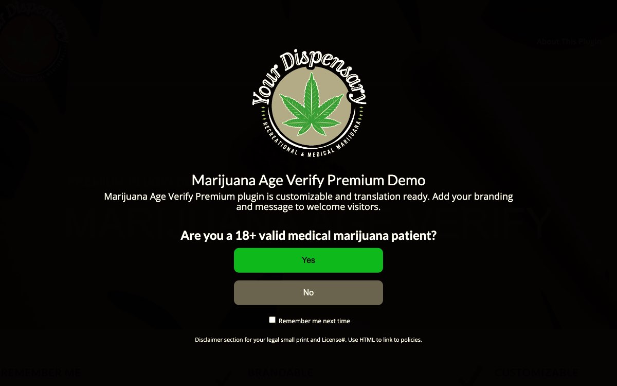Screenshot Marijuana Age Verify Premium plugin 18+ medical