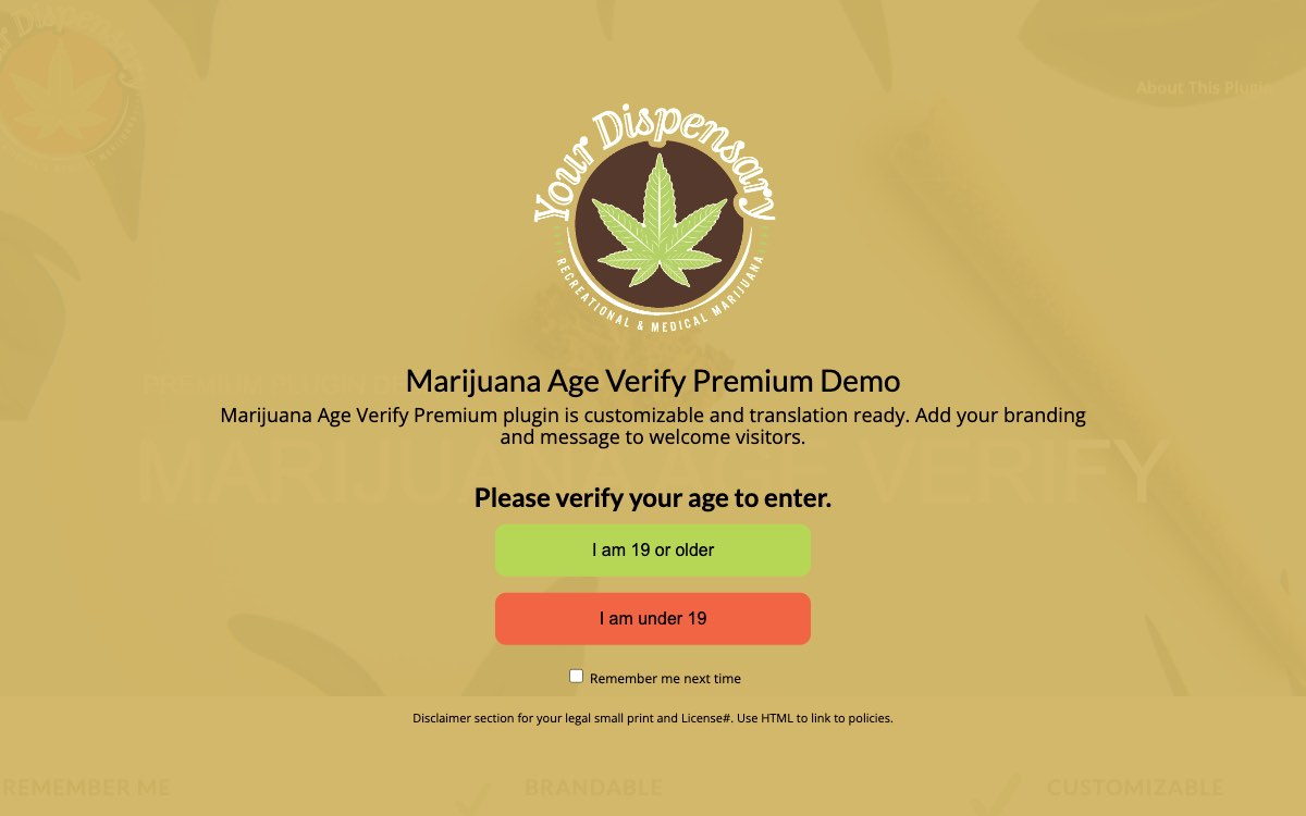Screenshot Marijuana Age Verify Premium plugin 19+ Recreational