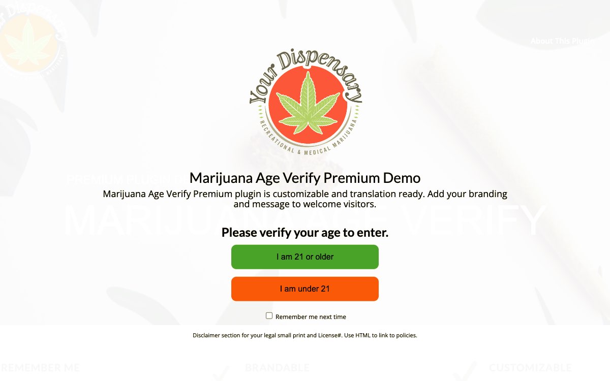 Screenshot Marijuana Age Verify Premium plugin 21+ recreational cannabis