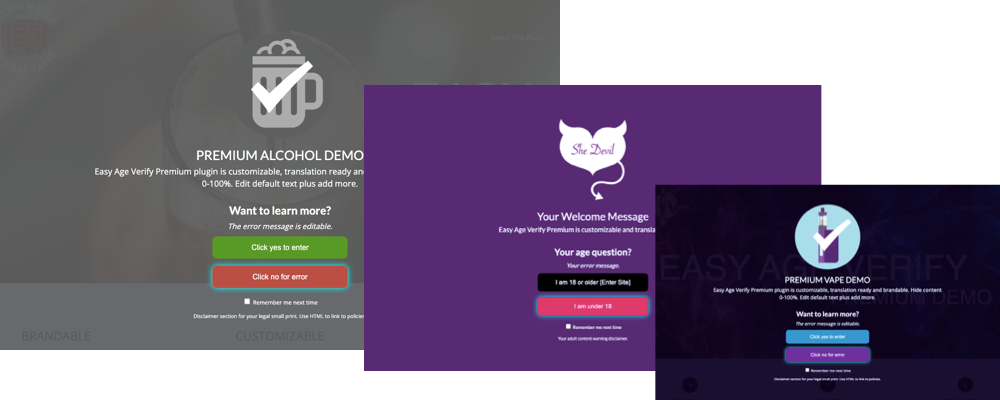 Screenshots of branded alcohol, adult, and vape age window.