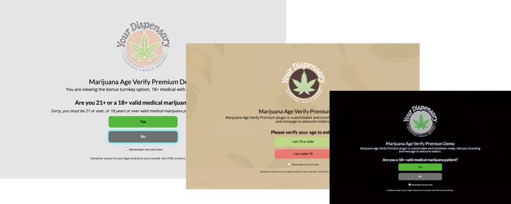 Screenshots of cannabis website age verification window.
