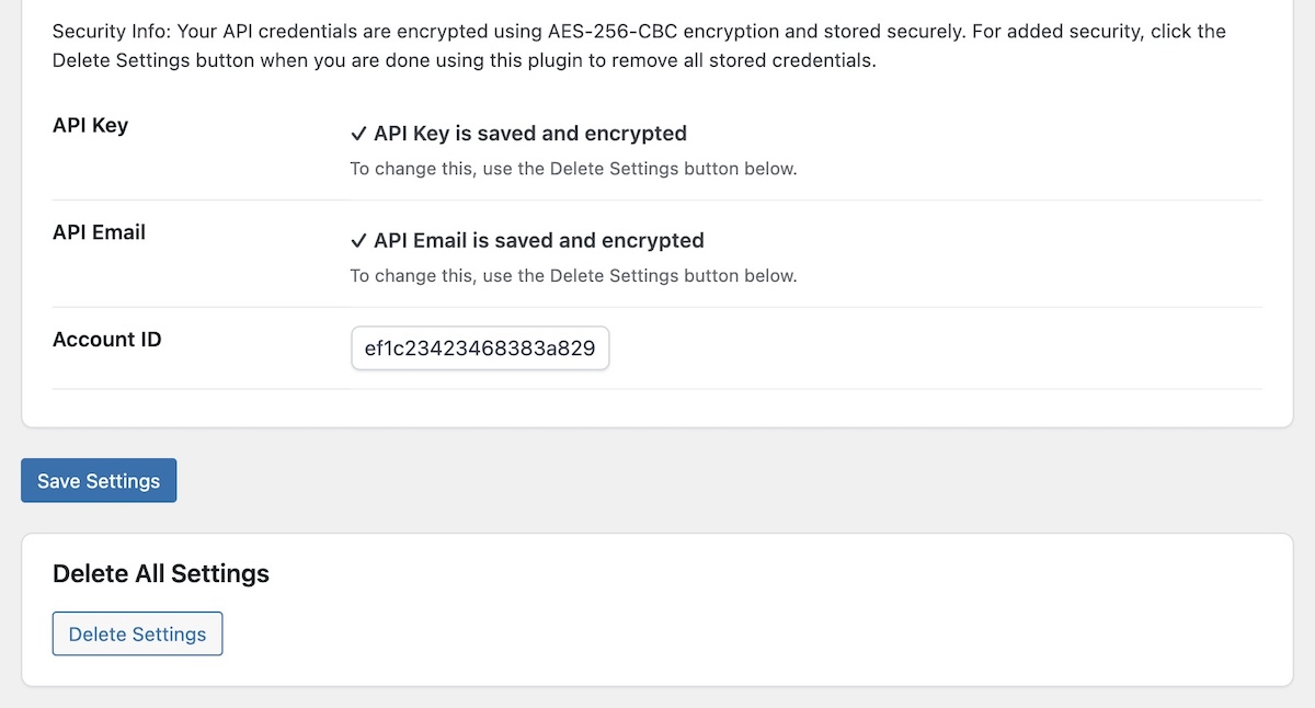 Cloud Maestro API Settings Saved Encrypted Screenshot